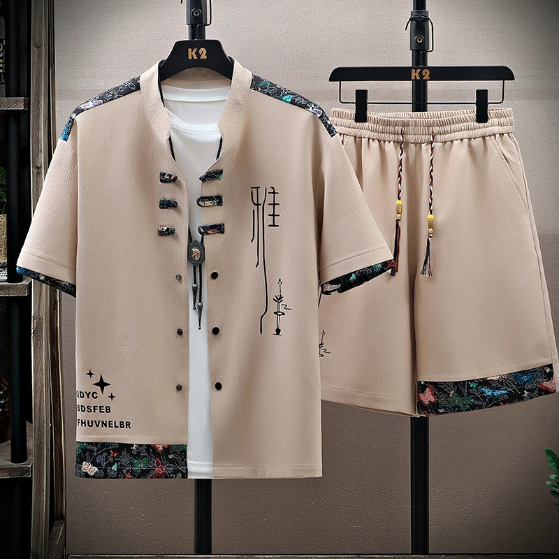Men's Casual Sets Shirts +shorts 2026 summer chinese style Sportswear letter pattern two-piece set single-breasted Shirt+shorts