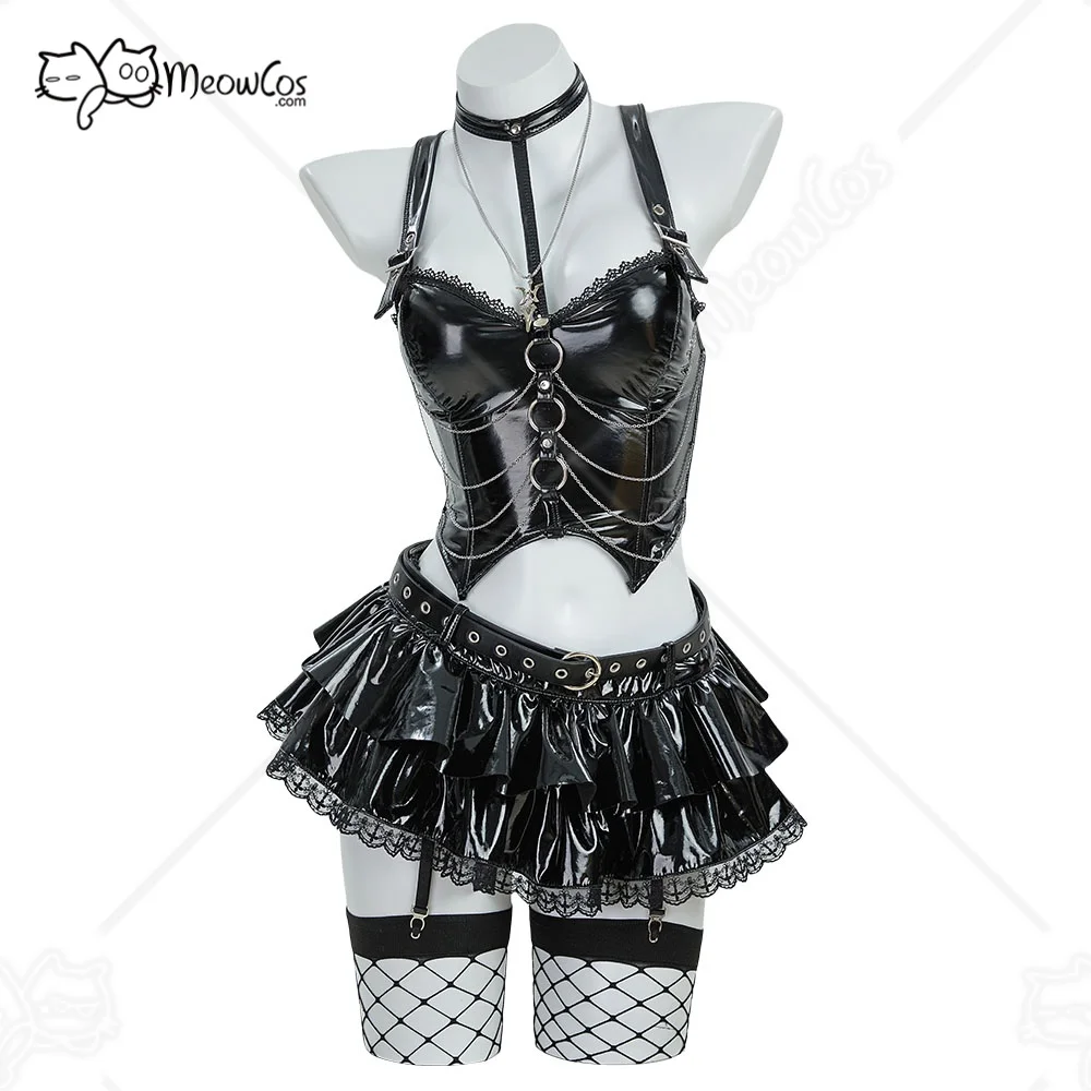 

MEOWCOS Misaa Gothic Black Lingerie Set Cami Top and Mini Skirt with Sleeves and Necklace Cosplay Costume for Halloween