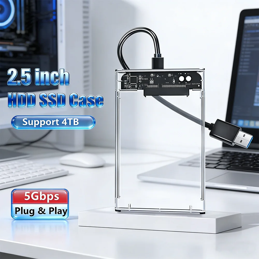 Fotografia 3: Caixa de Conexão Transparente SATA para USB 3.0 de 2,5 Polegadas, 5Gbps, Plug & Play para HDD/SSD de 9,5mm e 7mm, Suporta até 4TB