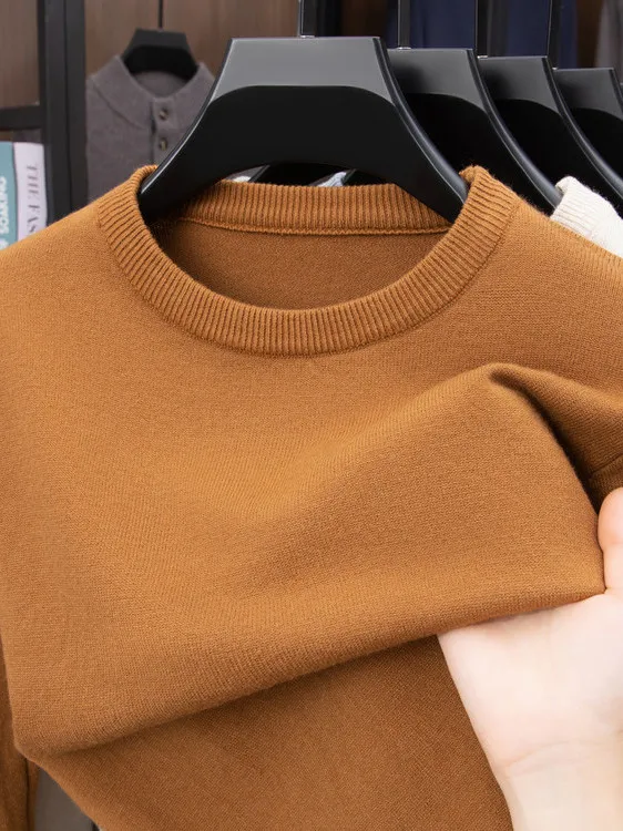 

Мужской вязаный свитер Long Sve, повседневный круглый, удобный базовый слой, средний год, осенняя мода, смесь шерсти с мягкой талией