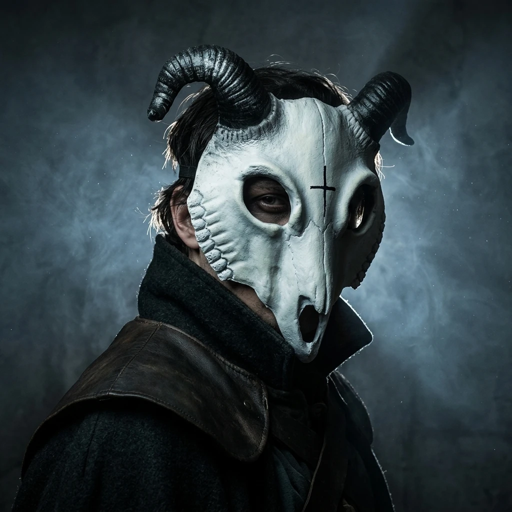 Halloween Goat Skull Mask Half Face Resin Goat Skull Mask With Horns For Halloween Horror Party Costume Use Bone White With Black Horn Detailed Spiral Horn Design Aged Bone Finish Effect For Adult Halloween Costume Fans Hot Sale 2026 Halloween Wholesale