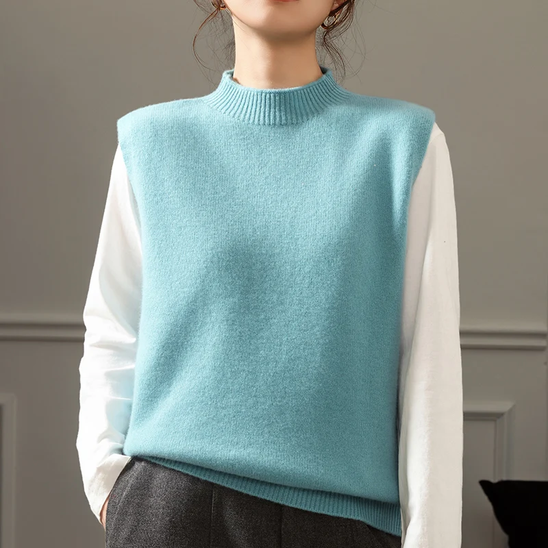 

Хит продаж: новый женский жилет с полувысоким воротом, однотонный, вязаный, свободный, без рукавов, свитер-жакет, женский пуловер, 100% шерсть.