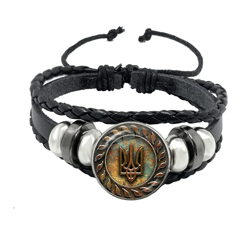 Tryzub Ukraine Button Leather Bracelet Ukrainian Rune Vintage Patterns 20mm Glass Cabochon Jewelry for Men Women Classic Gift