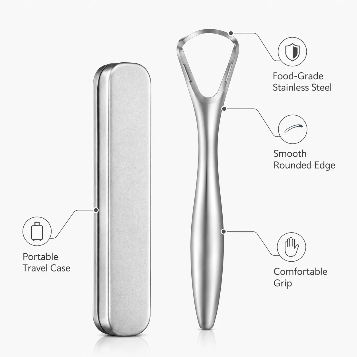 1 Stainless Steel Tongue Scraper & Tongue Brush with Stainless Steel Iron Box - Heavy-Duty Oral Cleaning, Eliminates Bad Breath, Freshens Breath, Gently Cares for Gums, Daily Tongue Care