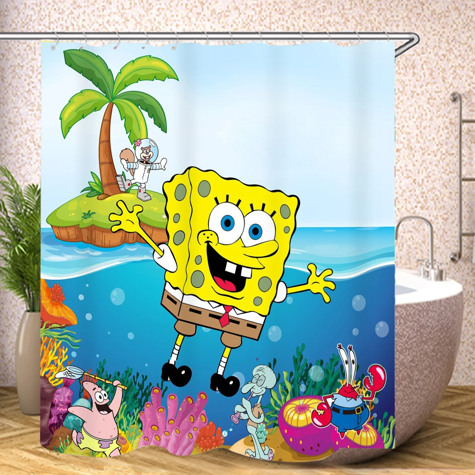 SpongeBob SquarePants Shower Curtain Conch Print Waterproof Fabric Bathroom Curtain Kids Cartoon Bath Decor With Hooks