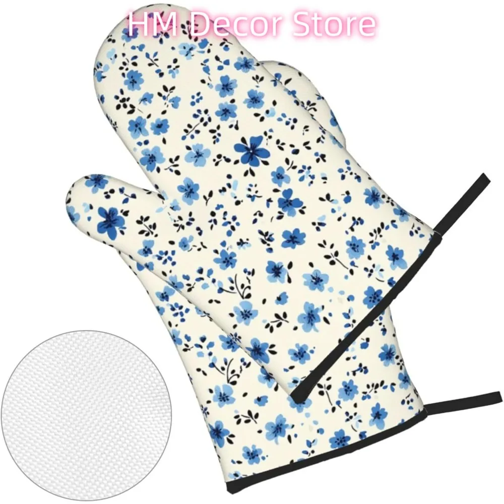 Small Blue Floral Oven Mitts and Pot Holders Sets of 4, Aesthetic Plants Country Heat Resistant Oven Mitts,Non-Slip Cooking Glov