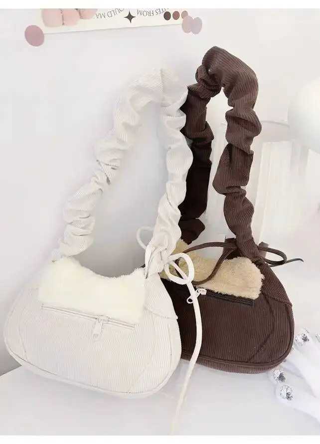 Bloom Haruku Corduroy Brown Shoulder Y2k Female Sweet Cute Casual Handbag Women Autumn Winter Plush Crossbody Bag 2025