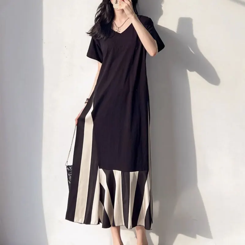 

Commute Contrasting Colors Dresses Female Clothing Fashion Asymmetrical Spliced Summer Casual V-Neck Short Sleeve Midi Dress New