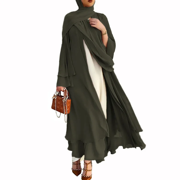 Women's Middle East Saudi cardigan robe, double layered chiffon long sleeved Muslim robe