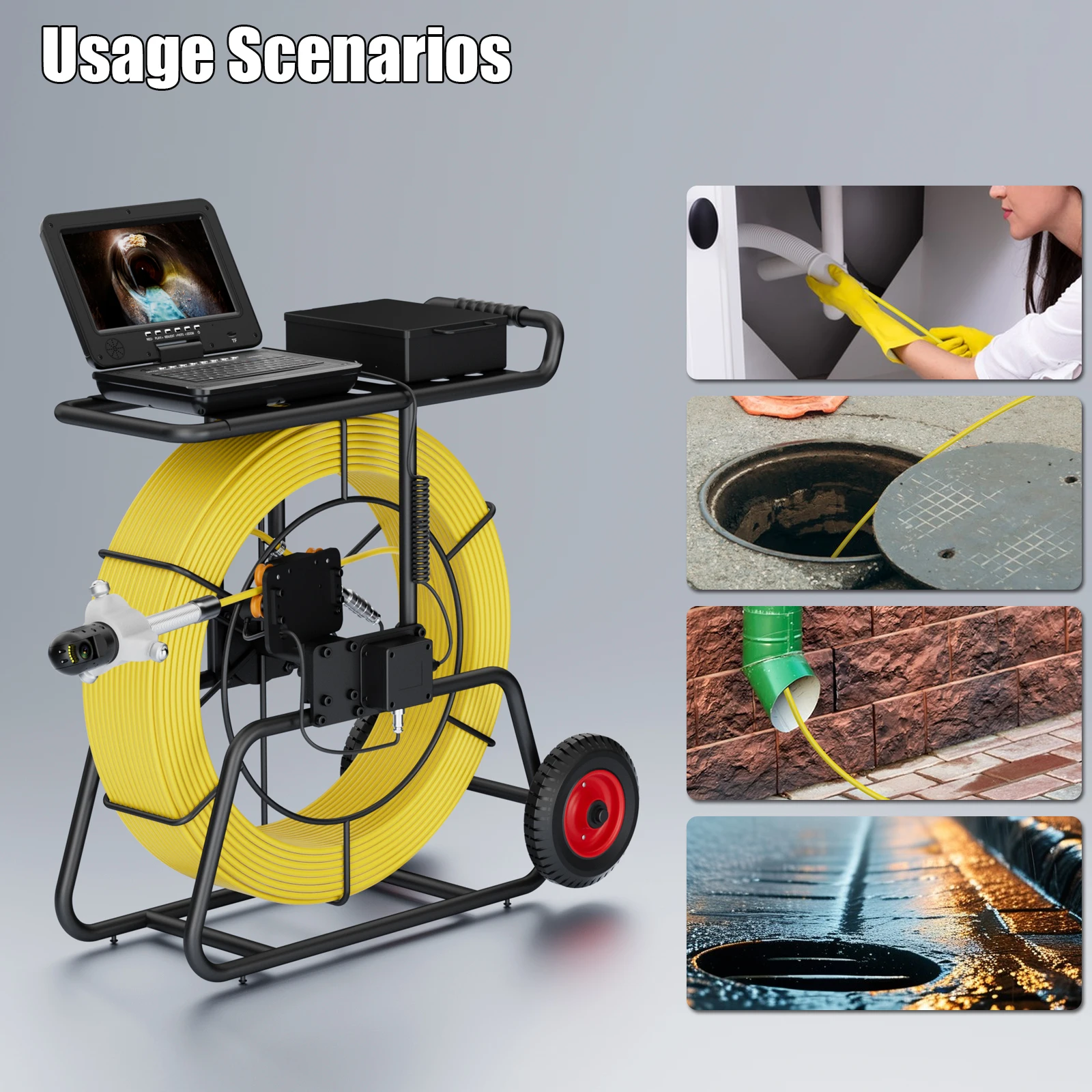 10″ Sewer Inspection Camera With 512HZ Self-Leveling 360 Degrees IPS 1080P Screen Meter Counter +9MM Diameter Cable+Keyboard