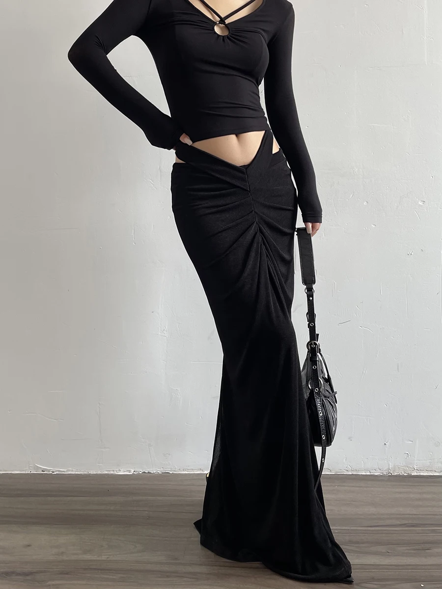 

Юбка женская с низкой талией, длинная, с оборками, Jiang You Shang Design Sense, элегантная повседневная юбка средней длины