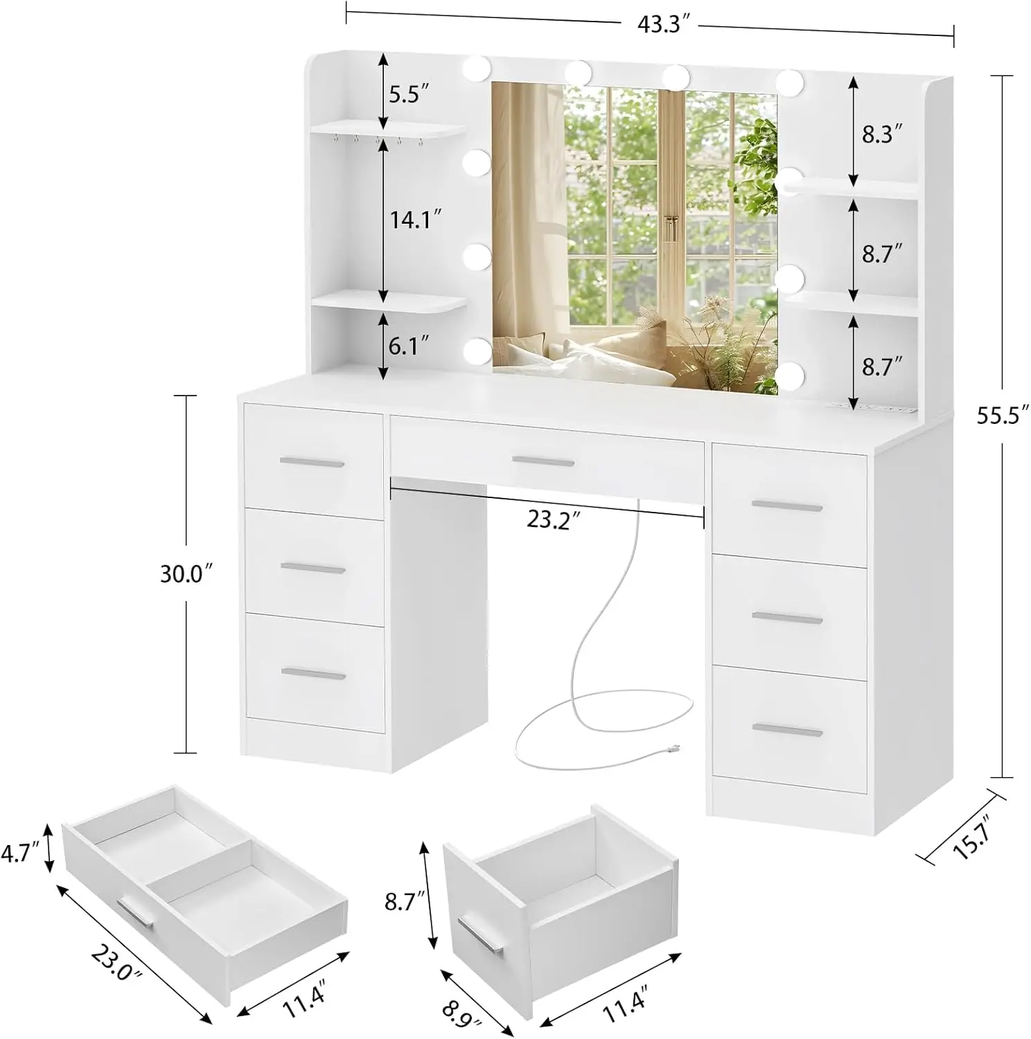 Grand Bureau de Coiffeuse avec Miroir Lumineux LED et Prise de Courant, Table de Maquillage avec 7 Aères de Proximité, 4 Étagères et 5 Crochets