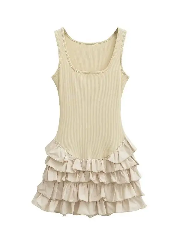 Vestido E com Saia em Camadas, Ajuste Slim, Sem Mangas, Design de Gola Quadrada, Saia Curta Sensual com Detalhes em Re...