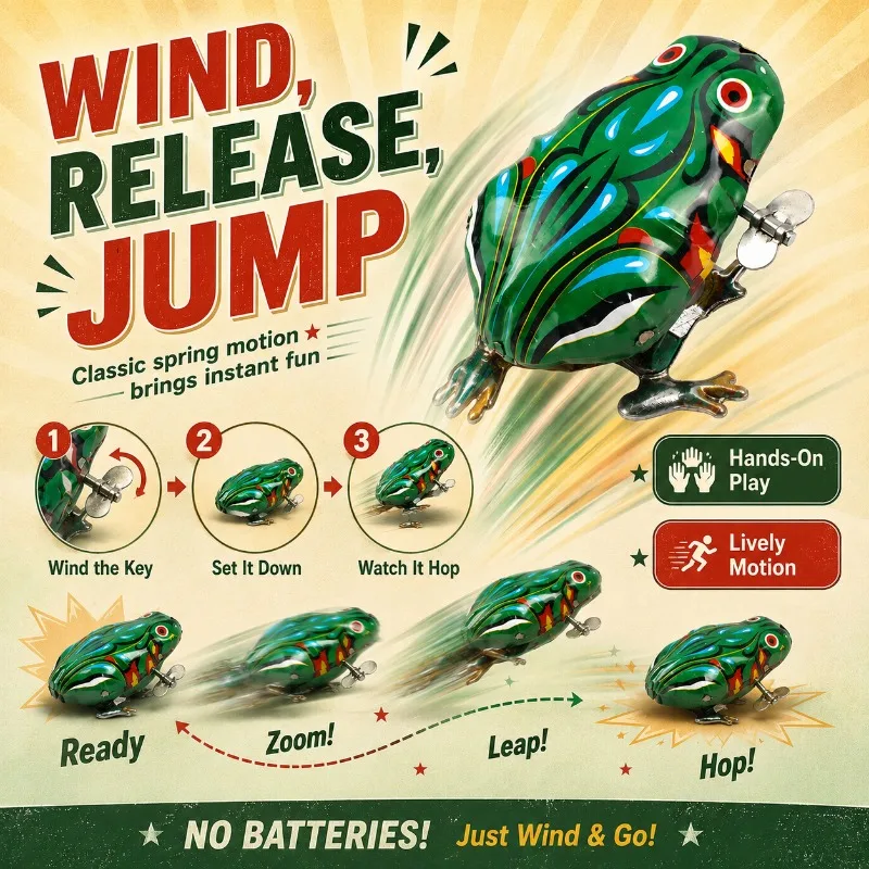 Classic Vintage Tin Wind‑Up Frog Clockwork Spring Mechanical Jumping Toy Nostalgic Craft Ornament Home Party Collection Decor