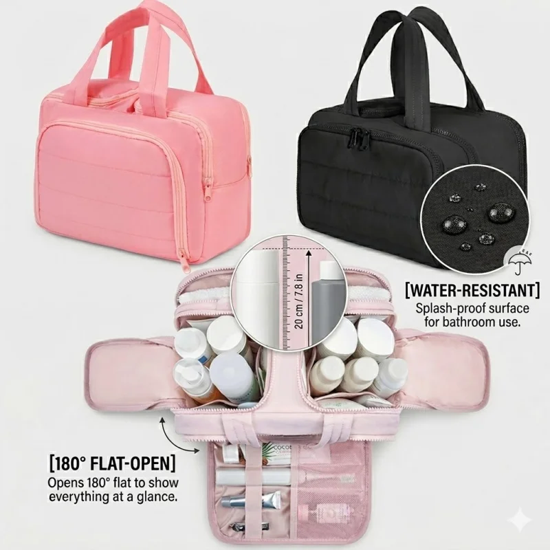Large Travel Makeup Bag 180° Wide Opening Toiletry Organizer Water-Resistant Padded Cosmetic Case With Handle For Full-Size Bott