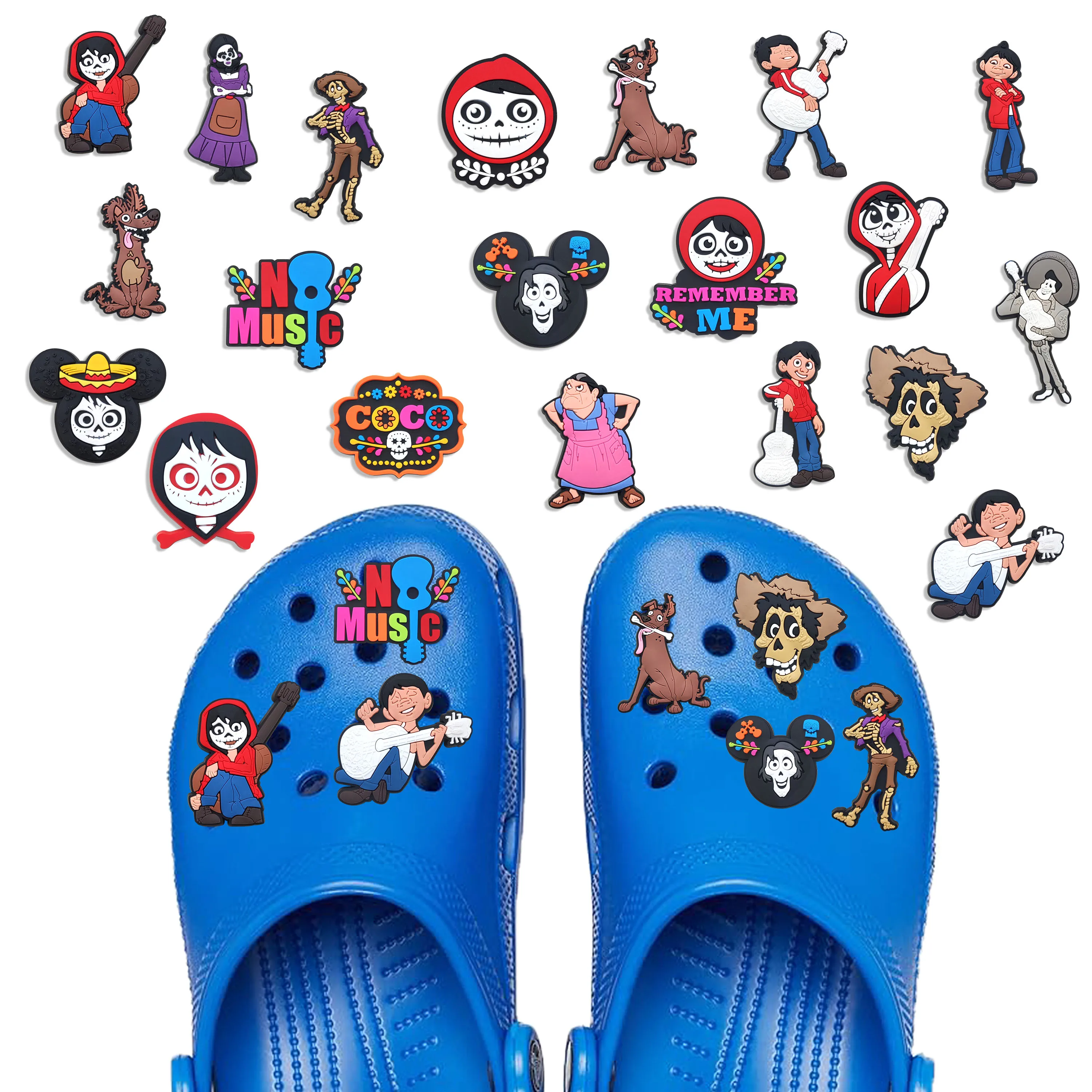 Mesuca Coco Themed Shoe Charms PVC Skeleton Figure Removable DIY Decorations for Garden Clog Shoes Halloween Gift Accessories