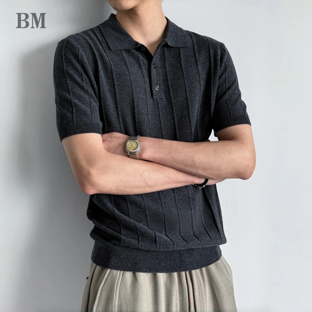 Summer Linen Blend Knit Vintage Polo Tee Mens Short Sleeve Breathable Lightweight Premium Trendy Casual Classic T-shirt Male