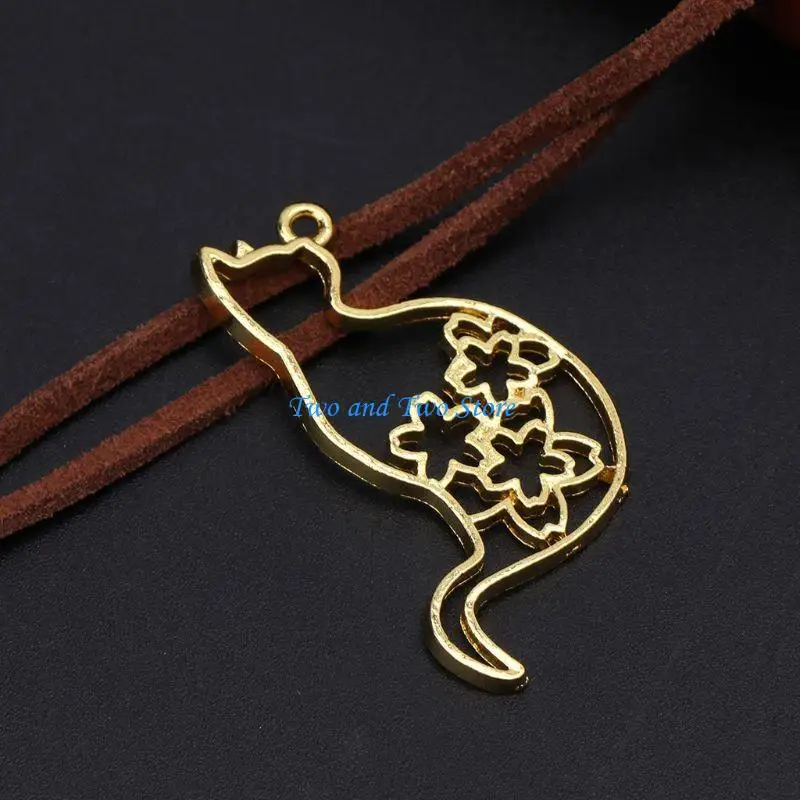 HX6F 6x Metal Frame Gold Kitten for Cat Hollow Frame Necklace Pendant UV Epoxy Resin