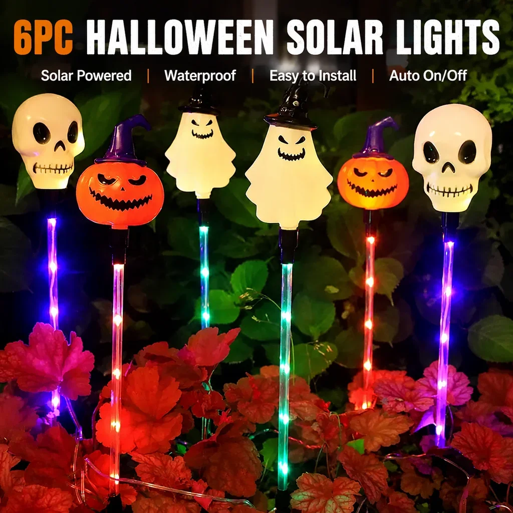 6PC/Set LED Solar Powered Purple Orange Green Path Lights Garden Yard Lawn Outdoor Waterproof Pumpkin Ghost Skull Decorations