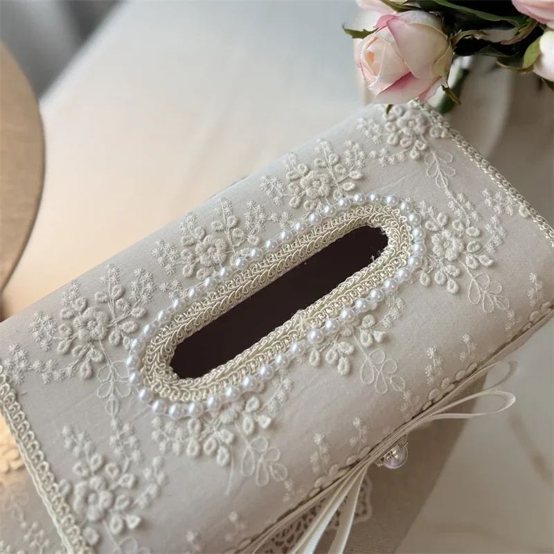 French High-end Embroidered Lace Tissue Box Beige White Cotton and Linen 3D Embossed Cosmetic Sundries Storage Box with Lid
