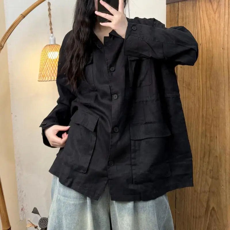 Spring Style Women Long Sleeve Single Breasted Loose Work Jacket Multi-pocket Design Cotton Linen Casual Coats High Quality TH21