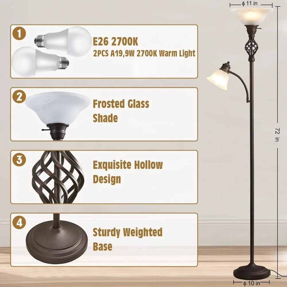 Torchiere Floor Lamp for Living Room, LED Standing Reading Light for Bedroom with Glass Shade for Living Room