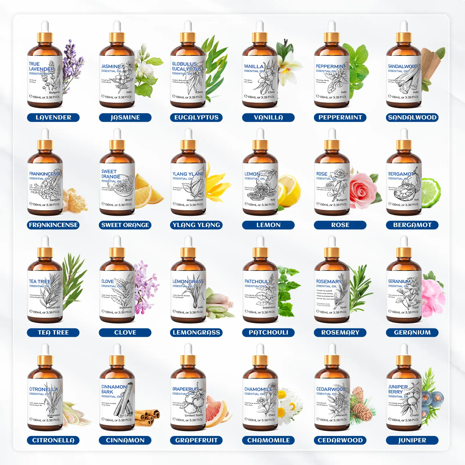 HIQILI 100ML Natural Essential Oil, Frankincense/Lemon/Rosemary/Tea Tree/Lavender/Wintergreen/Ylang, Humidifiers, DIY Candles