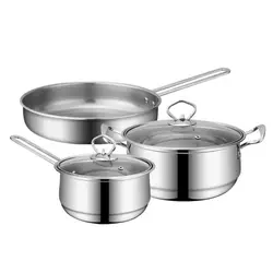 3pcs/set Stainless Steel Cookware Set Flat Bottom Frying Pan Soup Pot Milk Pot Induction Cooker Cooking Pan for Home