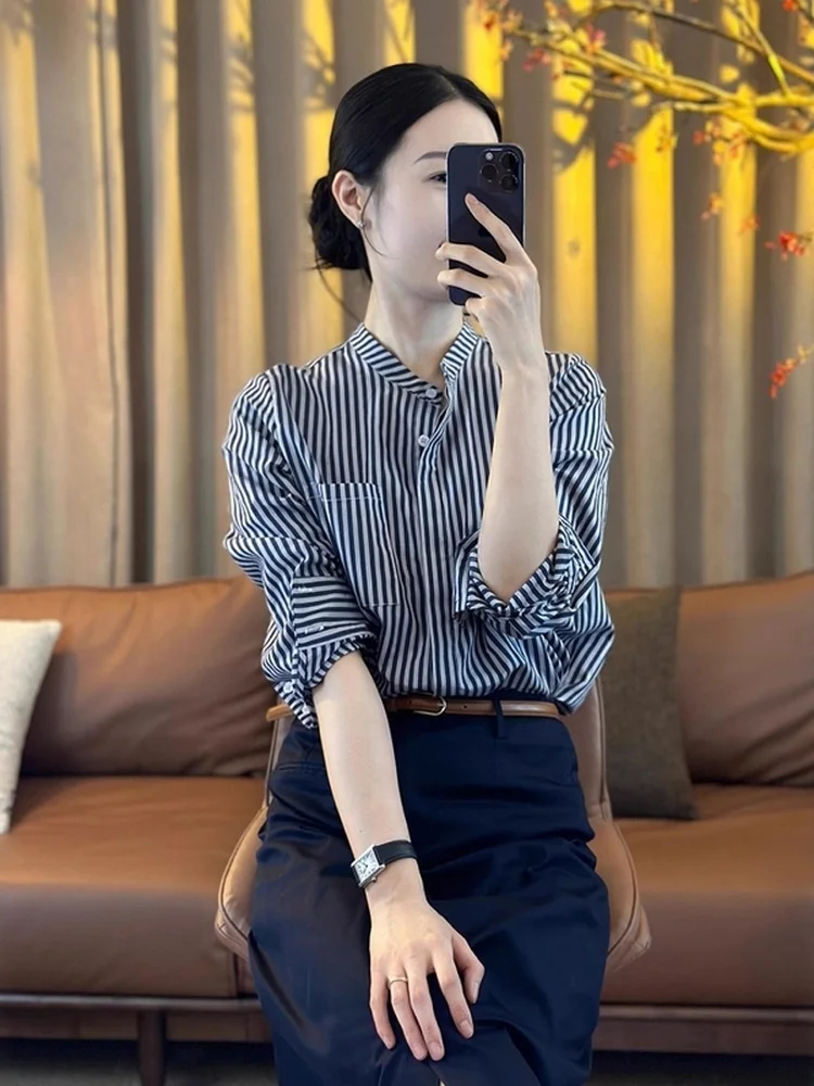 

Faionable Striped Long Sve irt для женщин, весна-осень, новинка Sle Commute Color Blo Ele, красивый топ, корейские лохи...