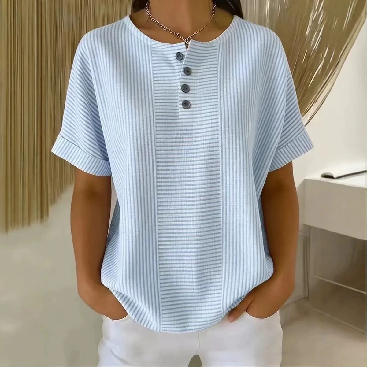 Spring Summer New Fashion Striped Printed Blouse Top Women's Button V Neck Short Sleeve Casual Versatile Loose Shirts Tops