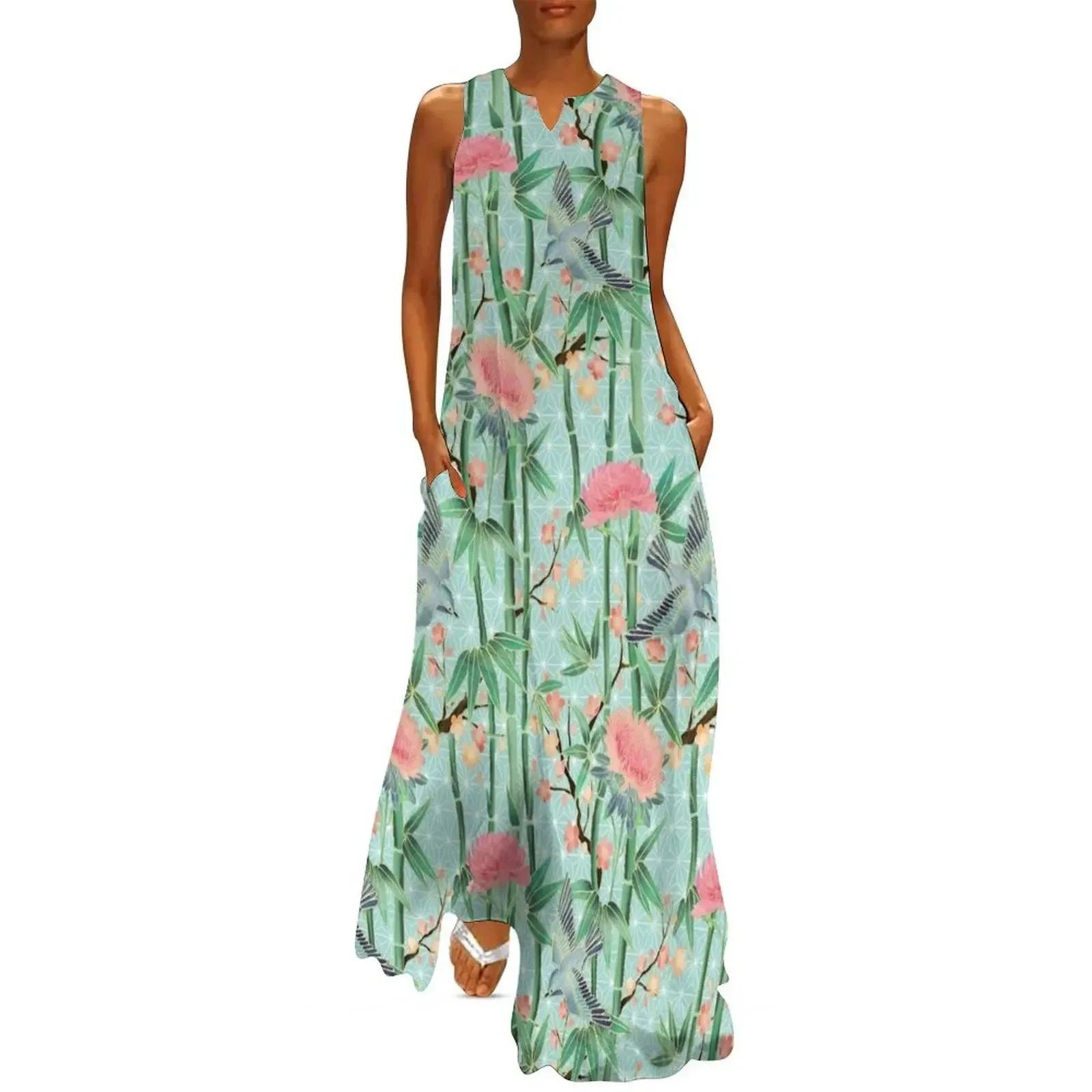 

Bamboo, Birds and Blossom - soft blue green Long Dress elegant and pretty women's dresses Dress