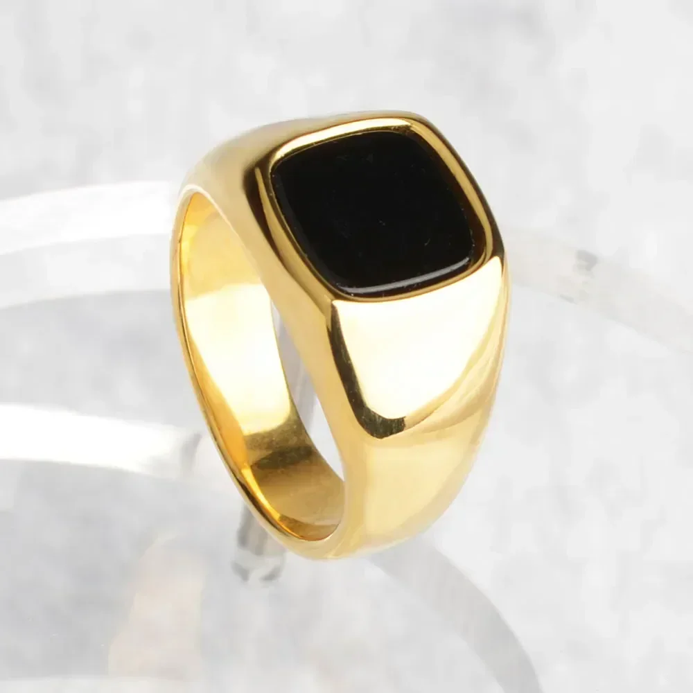 Geometric 316L Stainless Steel Signet Ring Square Black Onyx Stone Rings for Men Boyfriend Fashion Jewelry High Qaulity Gift