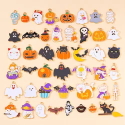 10Pcs Mix 45 Styles Cartoon Halloween Enamel Charms Pumpkin Skeleton Ghost Bat Cat Pendants for DIY Jewelry Making Party Gifts