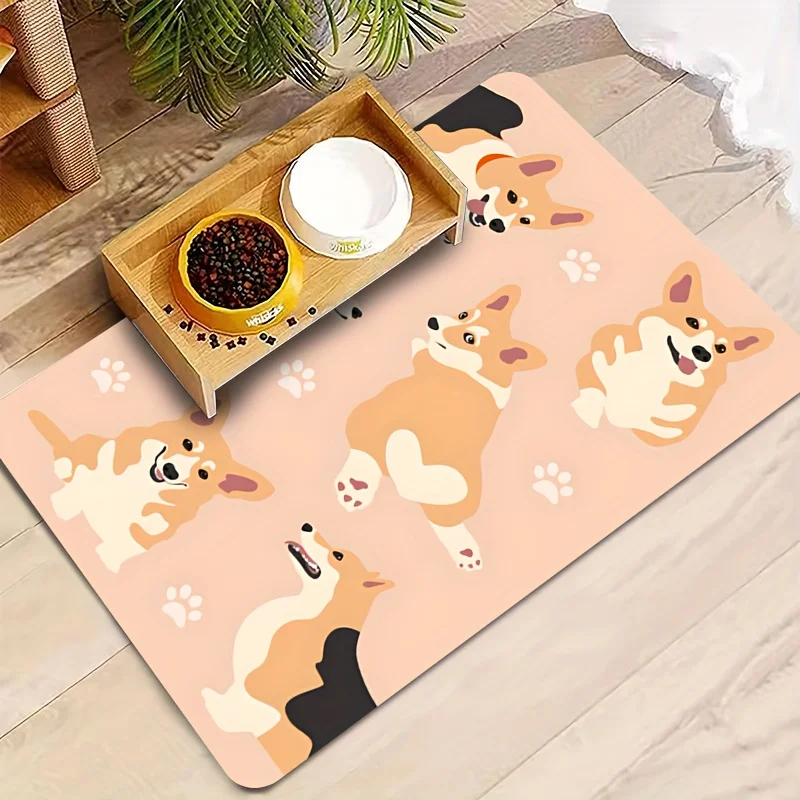 1pc Cute Corgi Dog Design Soft Waterproof Pet Feeding Mat - Non-Slip Absorbent Spill-Proof Easy Clean Washable Protector