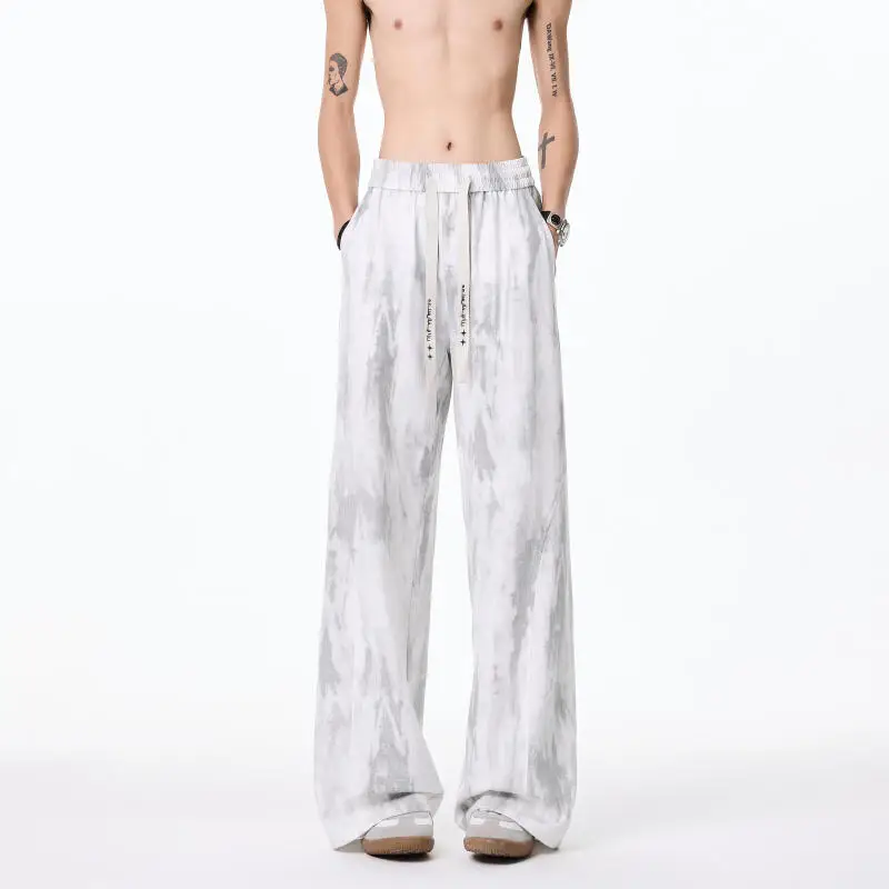 2026 Spring Summer Men Casual Tie-Dye Pants Men Loose Long Pants Male Trendy Straight Trousers Man Vintage Black White Pants