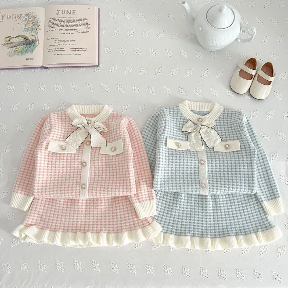 2026 Spring Autumn New Children's Clothing Set 1-5Y Girls Plaid Knitted Sweater And Skirt 2Pcs Trendy Girls Bow Cardigan Outfit