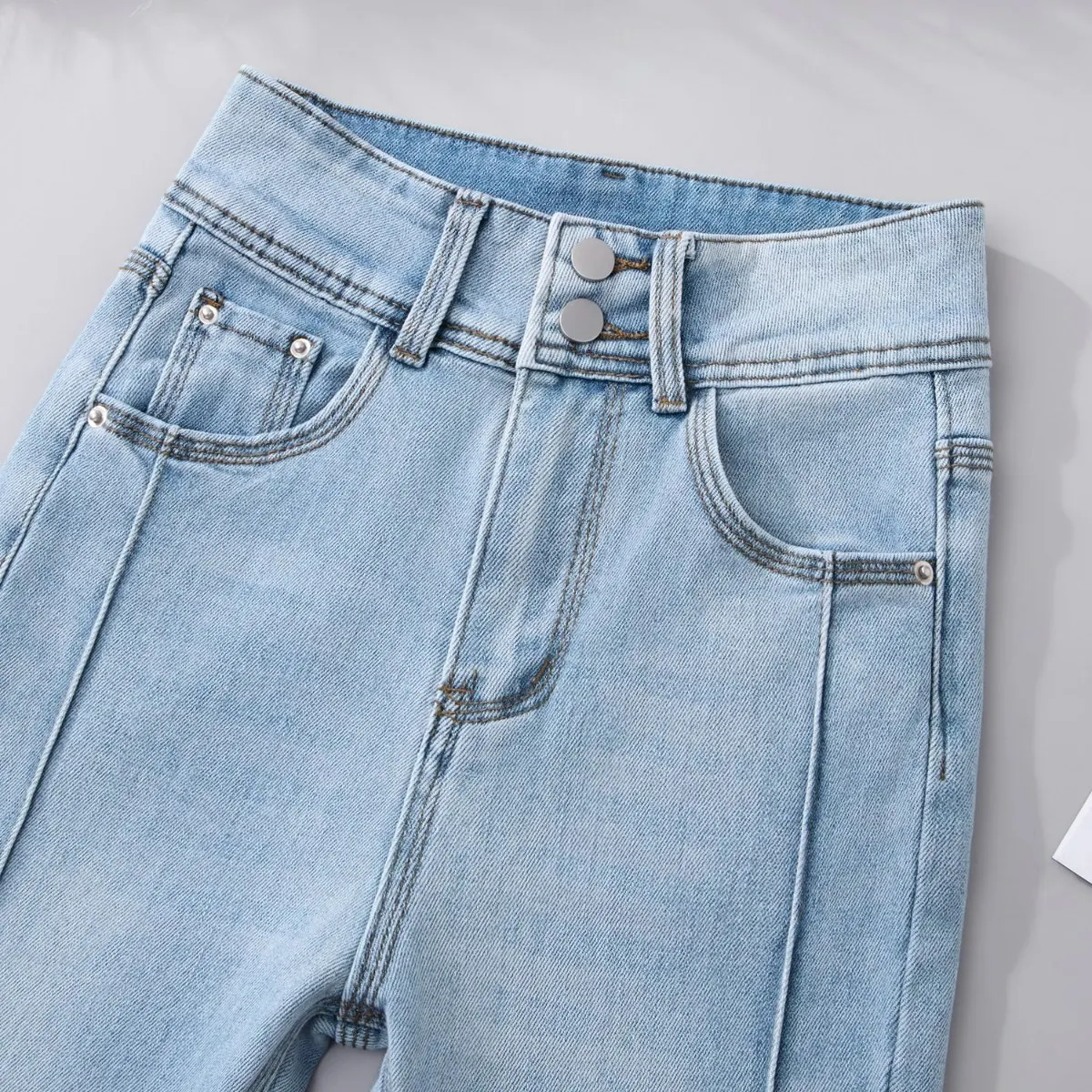 Pantaloni svasati azzurri da donna a vita alta pantaloni in denim morbido solido filo laterale stivali elasticizzati jeans tagliati S-2XL jeans lunghi femminili