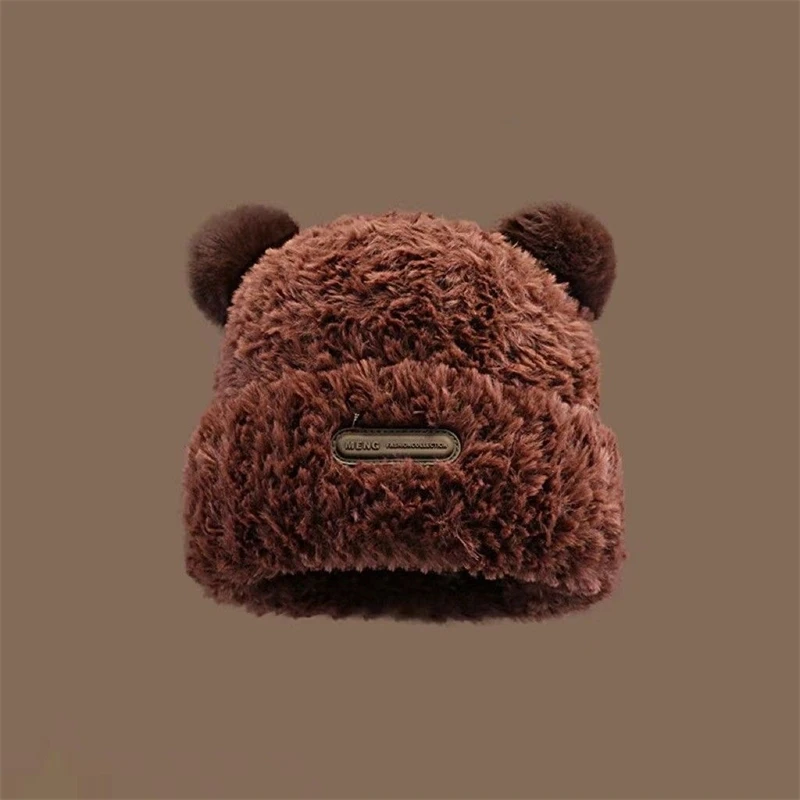 Chapéu de urso de malha bonito feminino outono e inverno, chapéu quente grosso de pelúcia da moda, chapéu confortável de alta qualidade