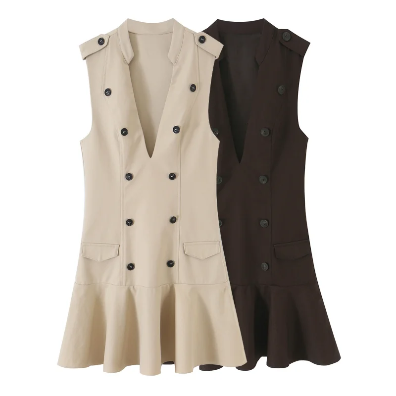 2026 New Women Sleeveless Vest Dress V‑Neck Double Breasted Mini Dress Epaulet Detail Ruffle Flap Pockets Layered A‑Line Dresses