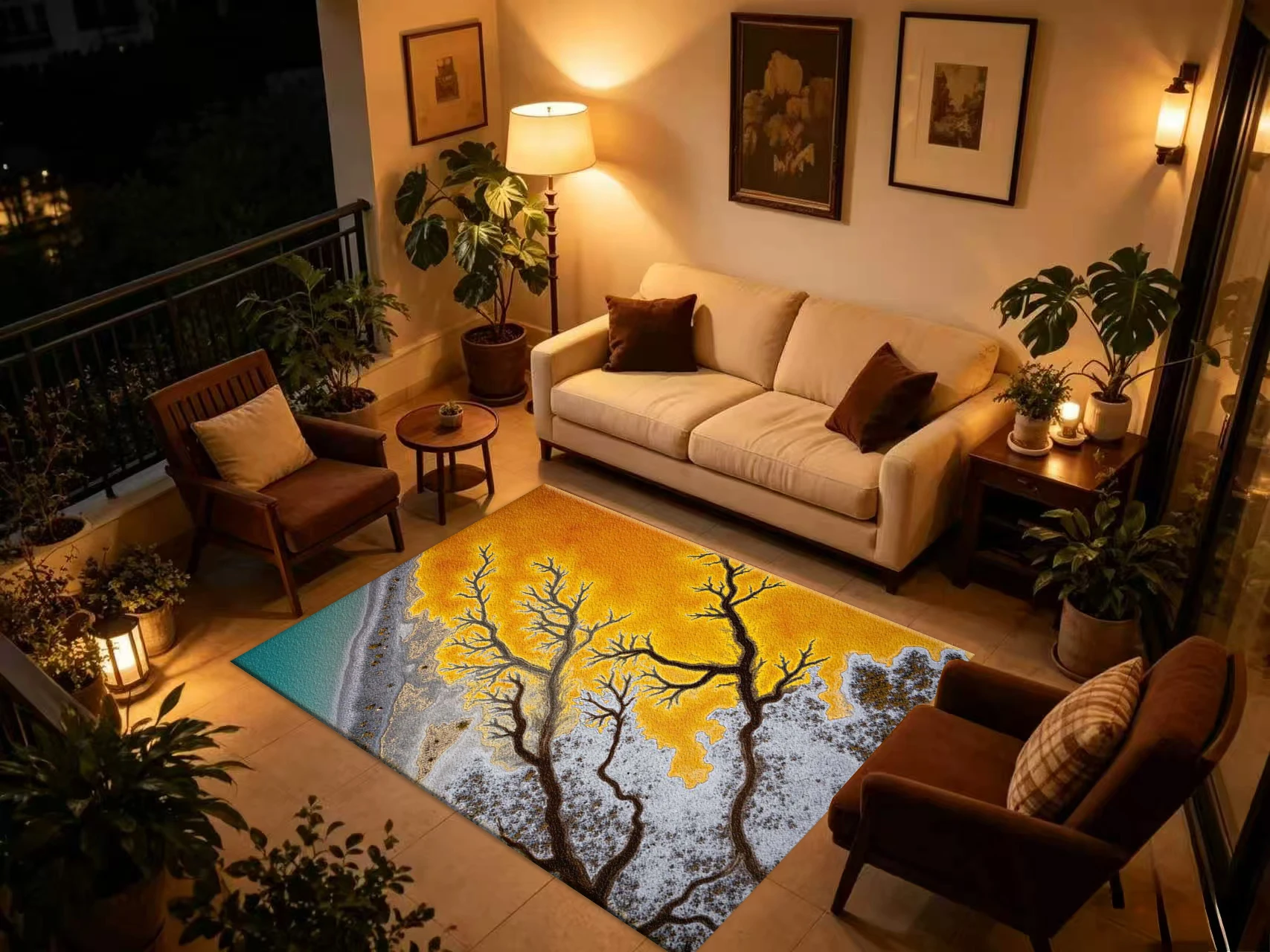 Aerial Abstract River Tree Landscape Carpet Flooring, Golden Yellow Nature Art Non-Slip Area Rug for Living Room Home Decoration