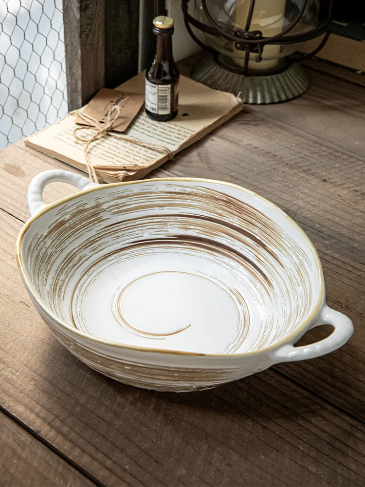 

Irregular Shape Ceramic Bowl 7.5 Inch Double Ears Design Unique Salad Noodle Bowl