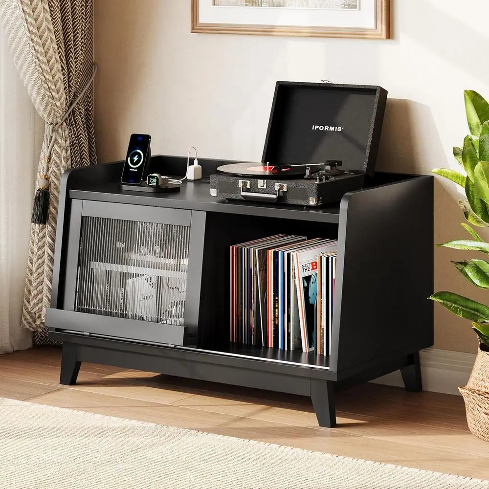 iPormis Record Player Stand with Vinyl Storage Up to 200 Albums, Record Player Table with Sliding Do, Charging Station, Adjustab