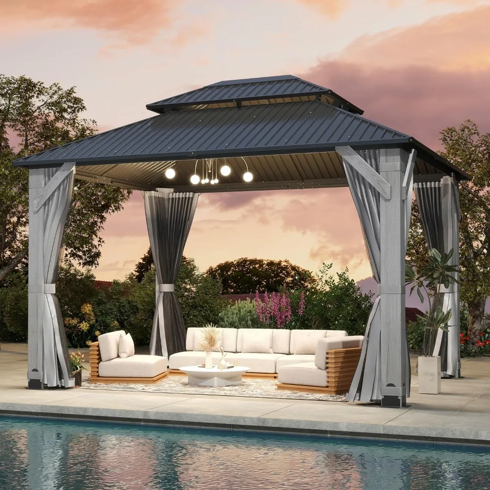 

12x16FT Hardtop Wood Gazebo, Outdoor Gazebo with Cedar Wooden Pillar & Double Metal Roof - Weather-Resistant Gazebos Pavilion