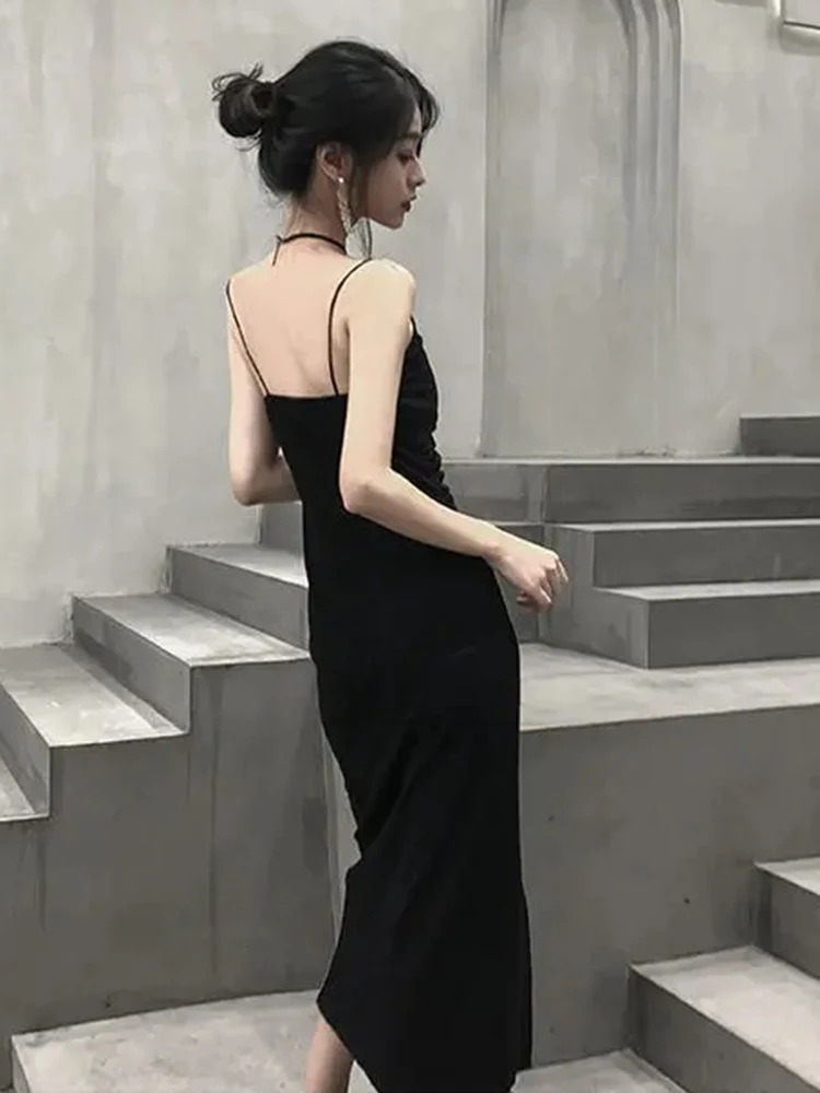 2025 mode zomer vrouwen jurk vestidos de mujer effen geplooide split jurken vrouwen hoge taille temperament sling sexy gewaad femme