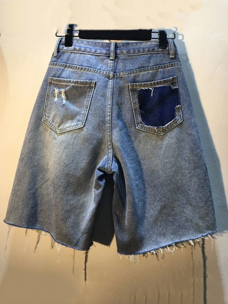 [EWQ] Diamonds Burr Edge Design Denim Shorts For Women High Waist Streetwear Female Fashion Clothes 2024 Summer New 16O960