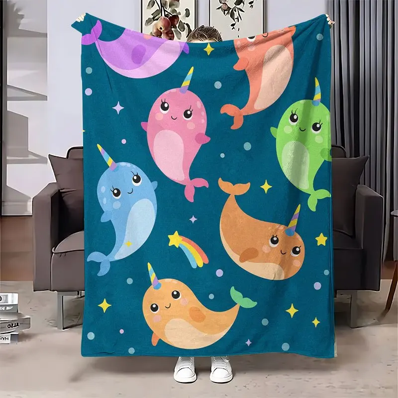 Cartoon Cute Narwhal Rainbow Star Dark Teal Base Print Blanket, Light Flannel Throw Couch Room, Kids Ocean Fantasy Daily Blanket