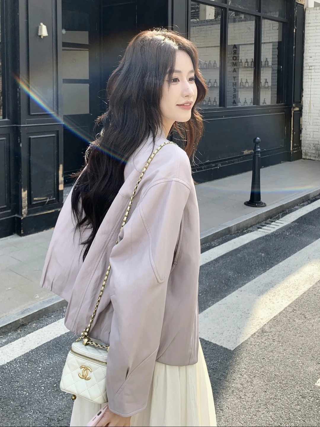 

Light Purple Sweet Cool Faionable ort Casual PU Leather Jaet Women's Spring Autumn New Sle Small Size Zipper Closure