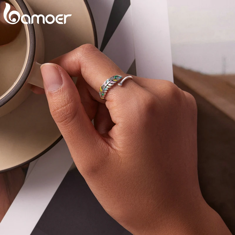 

BAMOER Colorful Leaf Open Ring 925 Sterling Silver Adjustable Rings Women Unique Nature Leaf Design