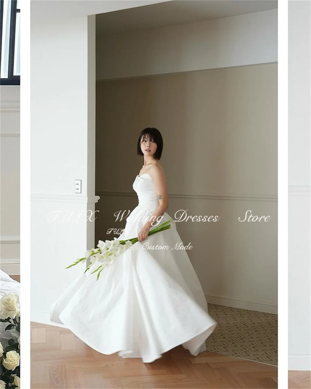 TULX Simple A-ligne Manches Bouffantes Corée Mariage Séance Photo Chérie Taffetas Longue Robe De Mariée Corset Retour Dende Commande 2025