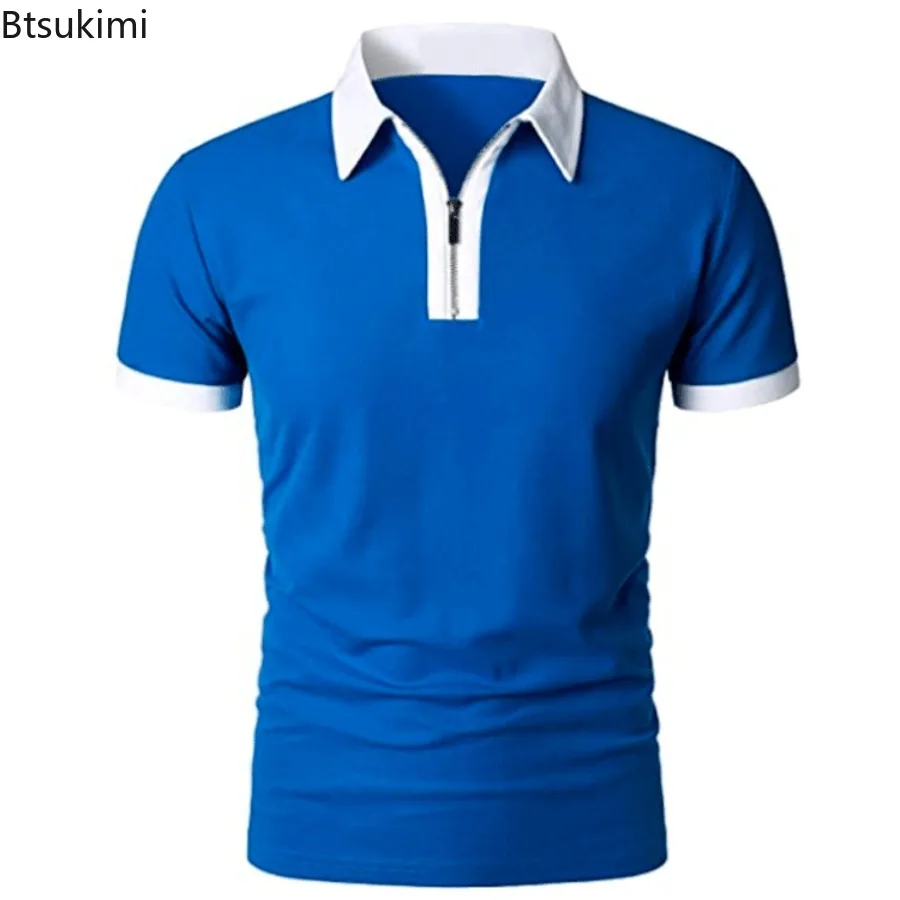 

New Men's Casual Short Sleeve T-shirts Summer Fashion Color Blocking Design Zip Pullover Tops Classic Versatile Polo Shirts Male